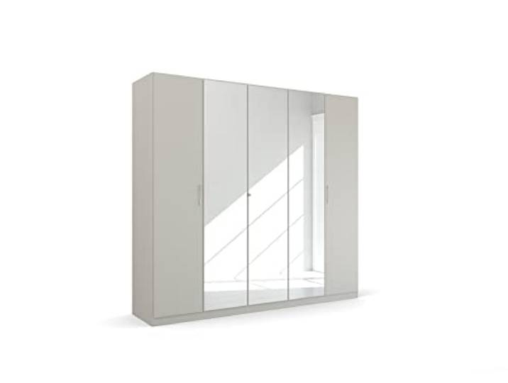 Rauch Möbel Quadra-Spin Pure, Kleiderschrank, Seidengrau, Breite 226 cm Schrank im minimalistischen Stil, 5-türig, mit Spiegel, für Schlafzimmer, Jugendzimmer, Garderobe, Flur
