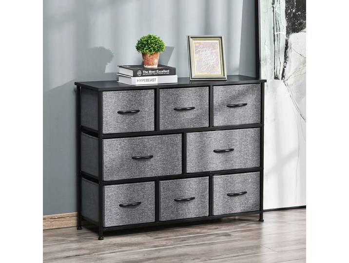 Commode avec 8 tiroirs en tissu 2 grands et 6 petits cadre en métal gris anti-basculement