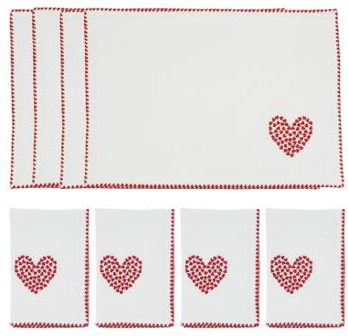 Saro Lifestyle "Embroidered Heart Scatter Placemats & Napkins (Set of 8) - Red Mini Heart Table Linens with Scalloped Trim, 13""x19"" / 18""x18"""
