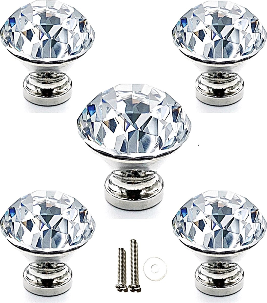 MSQDESIGN Kastknop Kristal en Zilver - Set van 5 Transparante Meubelknopjes