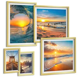 BILDER SET 5er Set - 50x50 cm & 20x30 cm & 40x60 cm Goldrahmen - Brücken, Sonnenuntergänge, Stadt