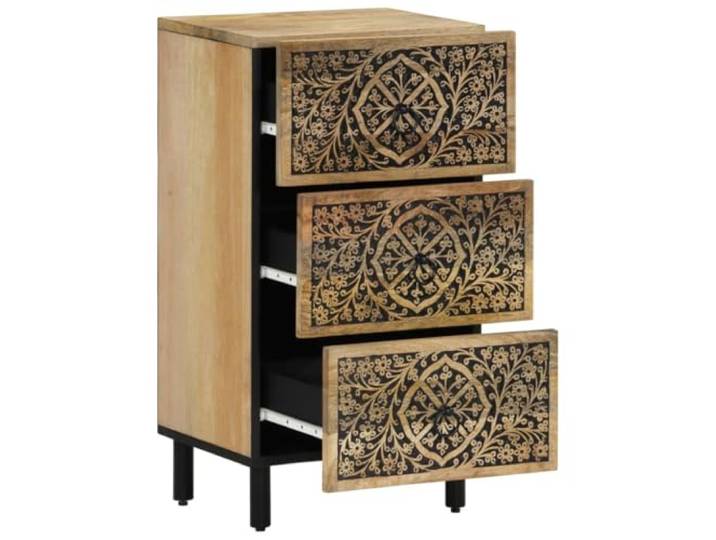 Beistellschrank 40x33x75 cm Massivholz Mango Handgeschnitztes Blumenmuster, Eisenbeine, viel Stauraum, Retro-Stil, Unikat