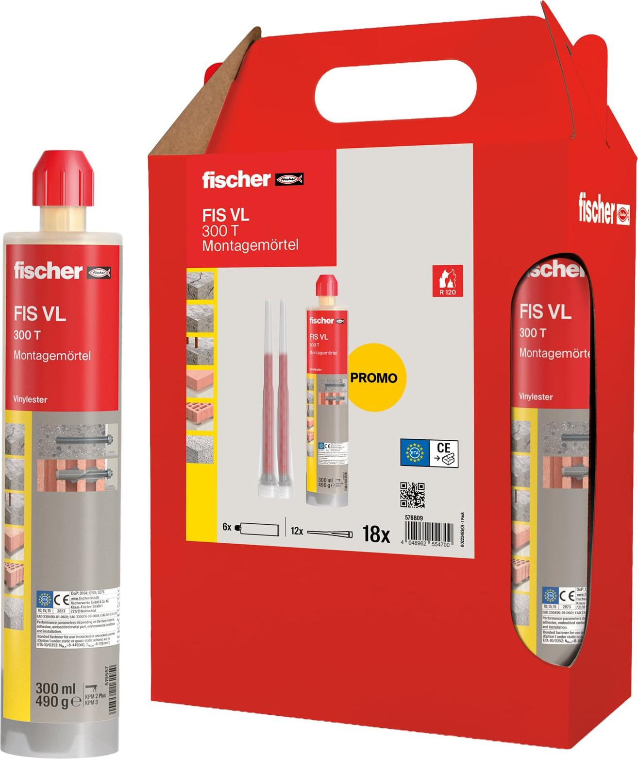 Fischer Injectiemortel FIS VL 300 T, set van zes patronen van elk 300 ml, grijs