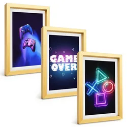 BILDER SET 3er Set - 20x30 cm Goldrahmen - Game Over Gamepads