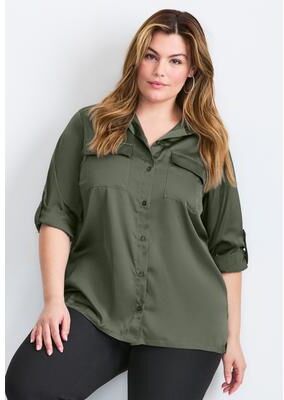 Plus Size Women's Sateen Utility Shirt by Avenue in Olive Green (Size 16)
