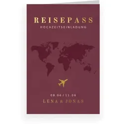 Hochzeitskarten Einladungen in Rot im Design "Reisepass" - Musterkarte