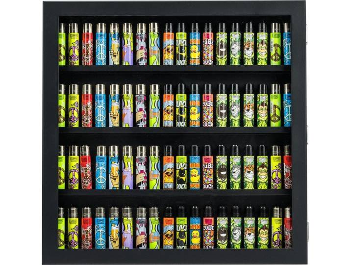 meytrade Vitrine Sammlervitrine für 72 Clipper Feuerzeuge in Holz weiß oder schwarz 42x42cm Vitrine für Clipper Feuerzeuge