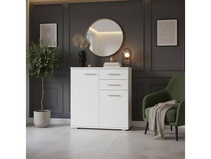 Kommode FAUSKE D2 R2 Weiß 69x74x34 cm Kommode FAUSKE - 2 Schubladen - 2 Türen - Weiß - Breite 69 cm, Höhe 74 cm, Tiefe 34 cm