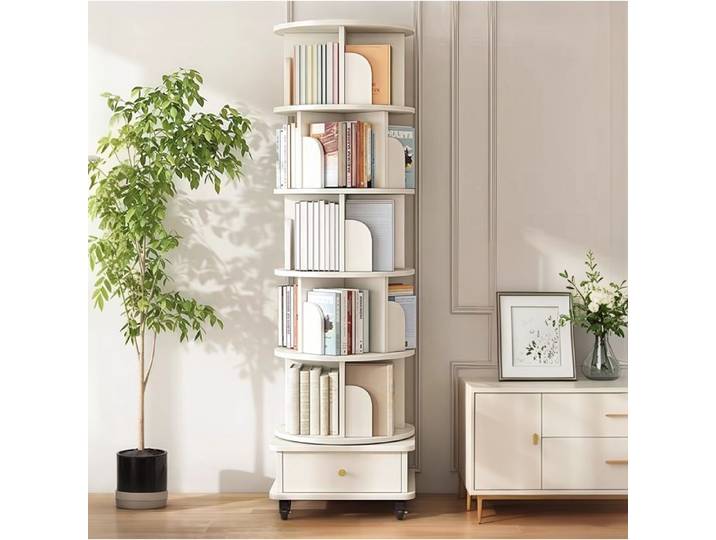 Bibliothèque rotative 6 niveaux EVRYAE 58 x 56 x 29 cm avec roulettes et tiroir blanc MDF