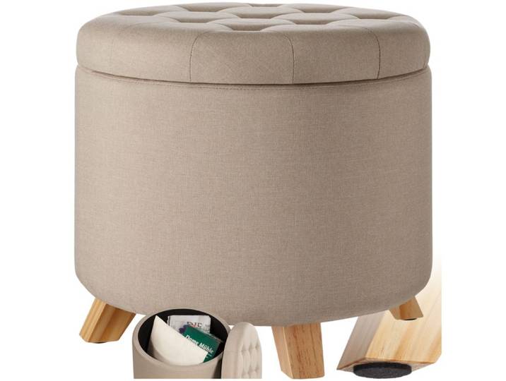TABOURET - TECTAKE - Tabouret SUNA avec coffre de rangement aspect lin capitonné 445 cm x 445 cm x 415 cm Sable