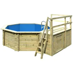Karibu Pool Modell 1 C - kesseldruckimprägniert Grundkörper inkl. Terrasse & kleiner Sonnenterrasse Sparset inkl. Sandfilteranlage & Skimmer