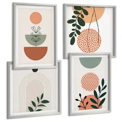 BILDER SET 4er Set - 50x50 cm & 40x60 cm Silberner Rahmen - Moderne Pflanzenmotive