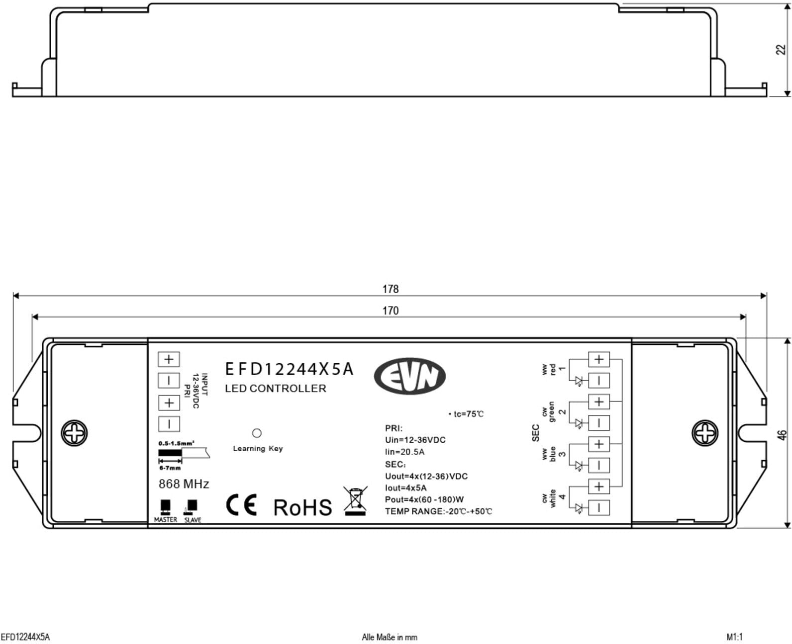 EVN Lichttechnik LED-Funk-Steuerung 868MHz 240-720W EFD12244X5A ; evn_lichttechnik)
