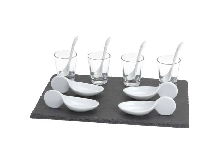 Amuse-Set für Appetizer und Häppchen, Porzellan, Glas und Schieferstein, 13 tlg.