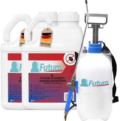 FUTUM 2x5L Schabenspray / Kakerlakenspray bekämpft Insekten, Eier, Larven ohne Biozide auf Wasserbasis, Sofortwirkung ohne Flecken + 5L Sprüher