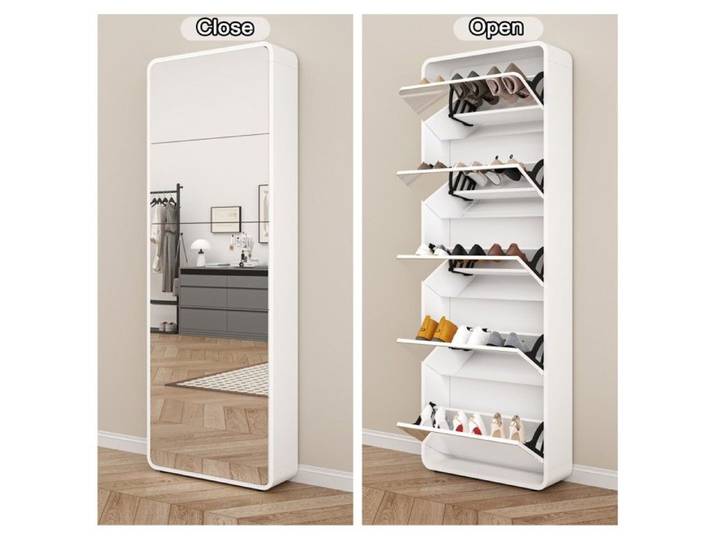 Meuble chaussures miroir 5 tiroirs rabattables design arche organisateur inclinable autoportant entrée blanc - rangement pratique