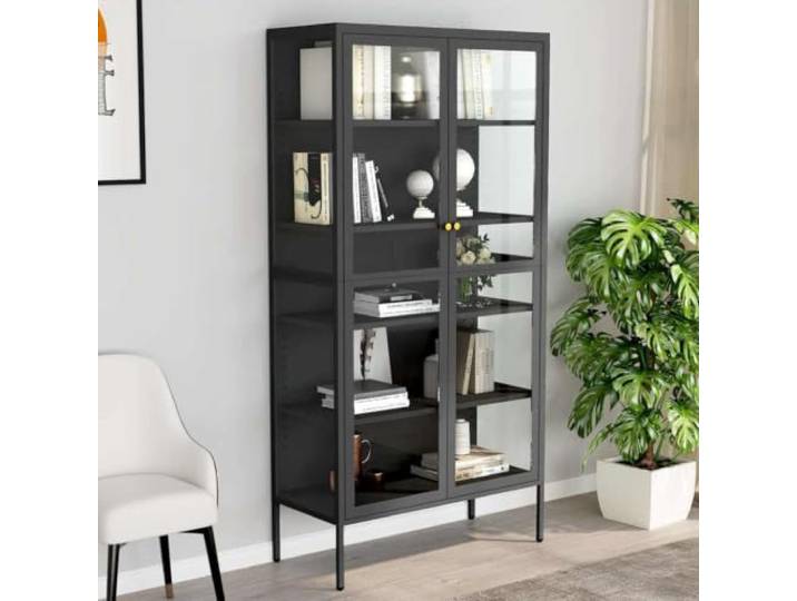 HPUYRFG Vitrine Anthrazit 90x40x180 cm aus Stahl und Gehärtetem Glas Standvitrine, Stahlrahmen, Gehärtetes Glas, 4 verstellbare Böden, feucht abwischbar