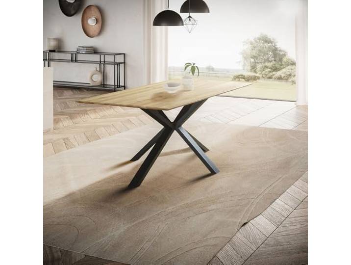 Lomadox Tisch Esstisch 160x90cm mit Schweizer Kante, Wildeiche massiv geölt, Metallfußgestell