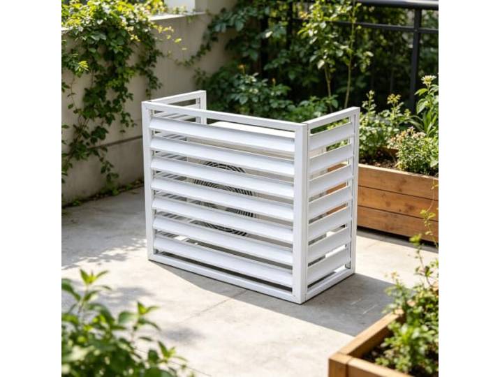 Klimaanlage Verkleidung Balkon Schutzhaube Alu Weiß Ohne Abdeck 100x50x70 Werkstoff Alulegierung Finish Pulverlackierung Luftstrom Lamellengitter Kopfteil Strömungszone Montage Eckwinkel-System
