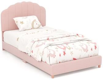 Costway Twin Bed Frame with Height-Adjustable Headboard and Sturdy Wooden Slats-Pink