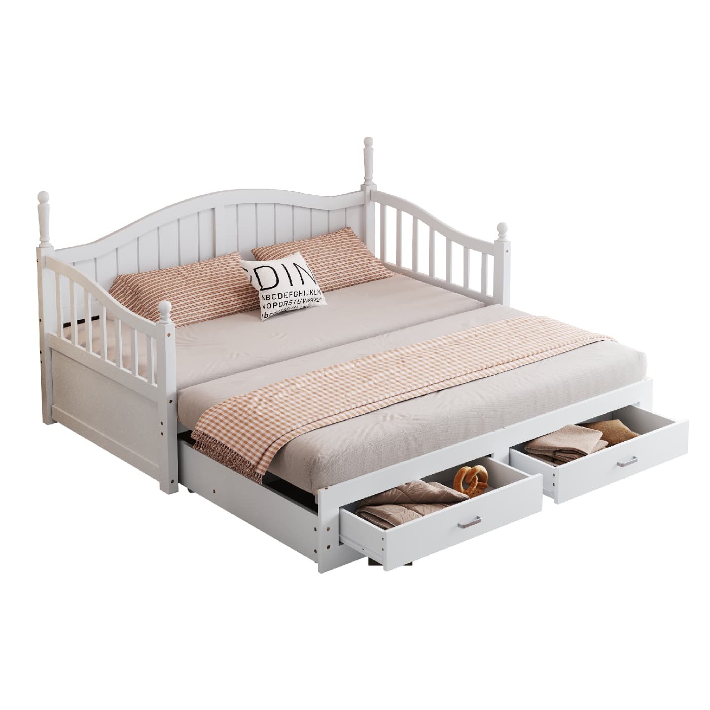 Ausziehbares Schlafsofa(Weiss)Multifunktionsbett aus Massivholz,mit römischen Säulen,geschwungener Rückenlehne und Armlehnen,Schubladen und Lattenrost