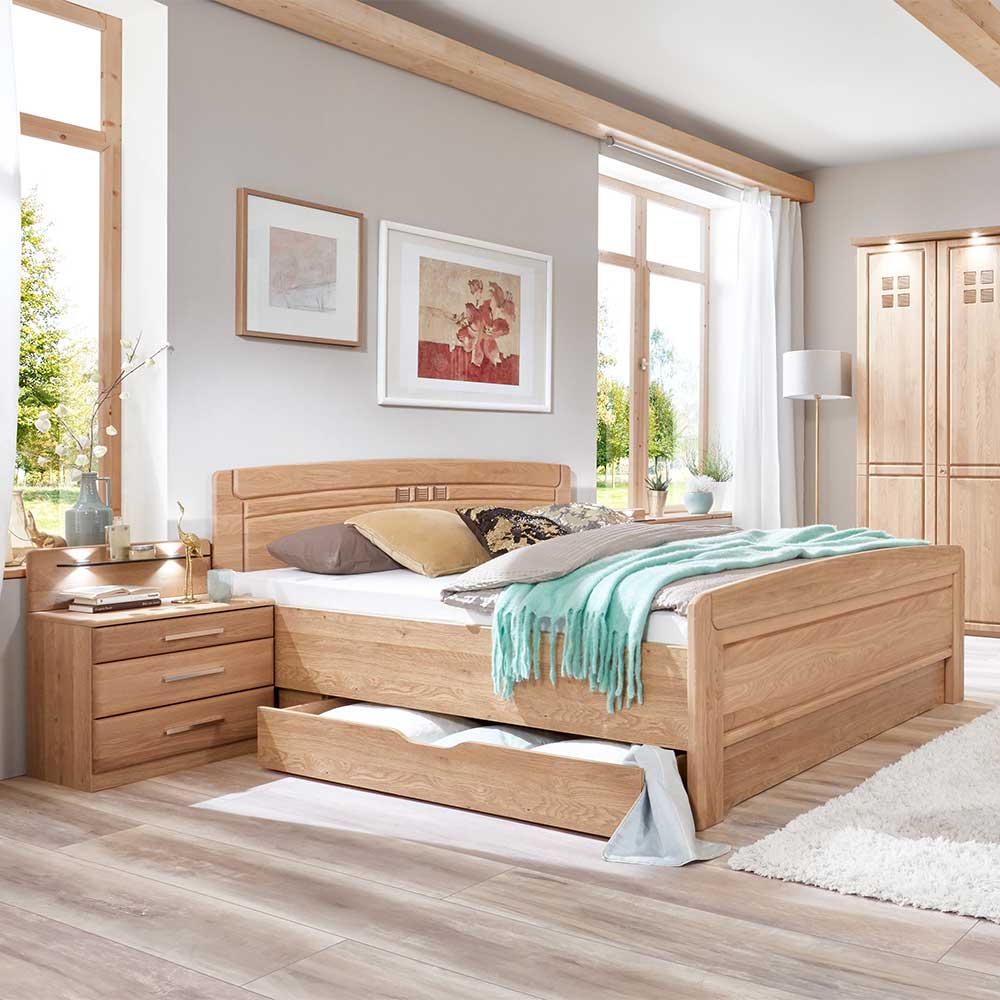 Pharao24.de Ehebett aus Eiche teilmassiv LED Beleuchtung (dreiteilig)