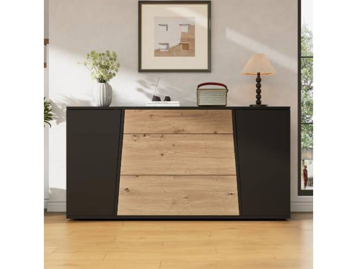 DUlVBPE 140 cm (B) Sideboard, 70 cm (H) Küchenschrank mit Arbeitsplatte, Buffetschrank mit 3 Schubladen & 2 Türen, Schließfächer für Küche, Wohnzimmer,Flur & Studie,Schwarz + Holzton,140×35×70cm
