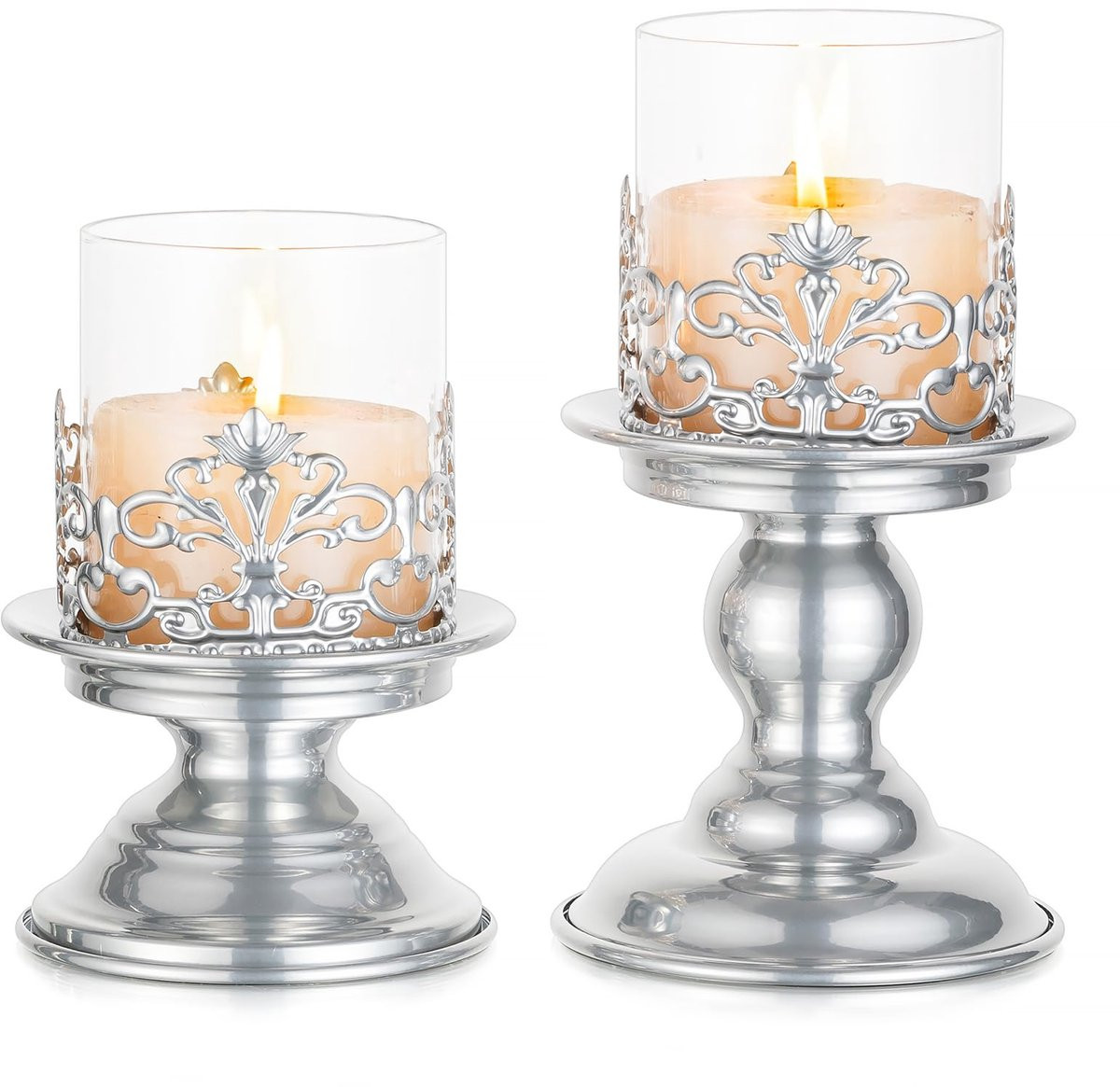 Unyqoos Elegante zilveren kandelaars met glazen windlicht voor sfeervolle decoratie