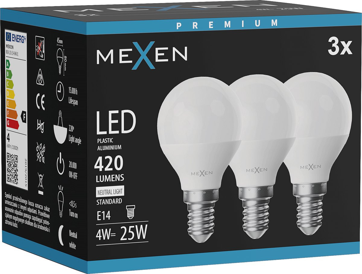 Mexen Nova 3x LED-lamp E14, G45, 4W, Neutraal - 4000K, 420 lm - L101-E14-0440-01x03