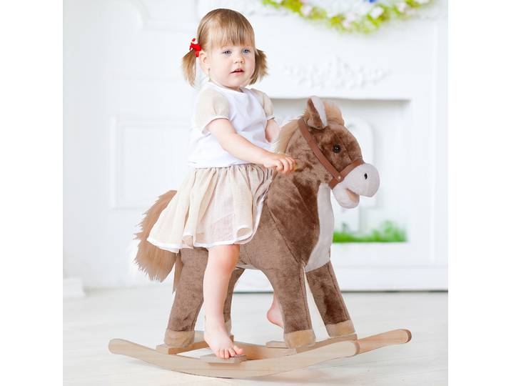 HOMCOM Cheval à Bascule Peluche Douce Bois Marron