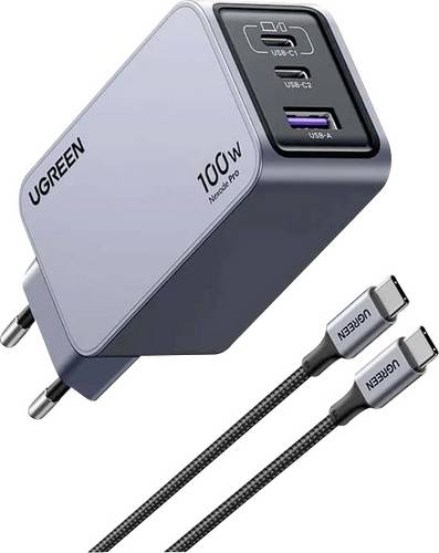 UGREEN Nexode Pro Ladeadapter 100 W USB-C Buchse, USB-C Buchse, USB-A Buchse Schwarz, Grau Innenbereich