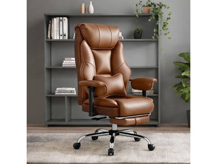 Fauteuil de direction en polyuréthane marron à haut dossier et appui-tête intégré pour bureau
