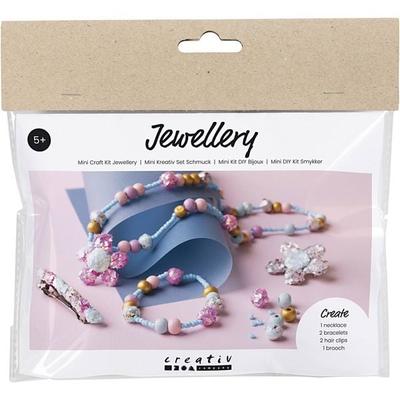 Creativ Company Mini Kreativ Set Schmuck, Halskette, Armband, Clips, Brosche, Blau, Hellblau, Pastellpink