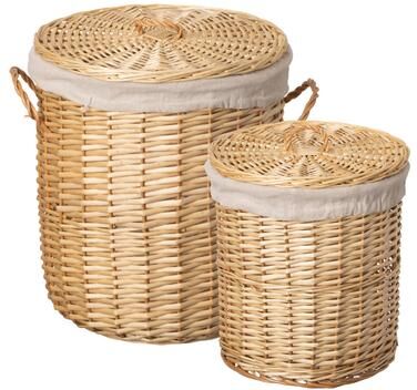 Wickerwise Round Willow Wicker Laundry Basket with Lid Side Handles & Removable Fabric Liner Natural Decorative Storage Hamper - Set of 2