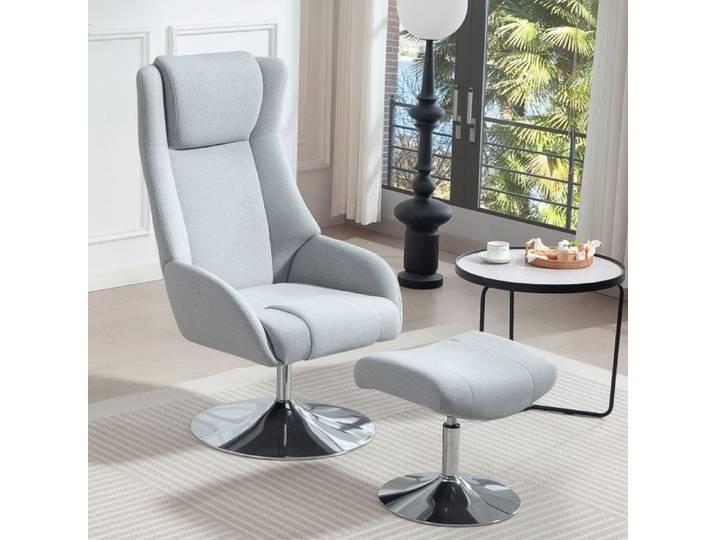 Fauteuil avec Accoudoirs - Fauteuil Pivotant avec Repose-Pieds Fonction Inclinable et Rotation à 360° en Lin - Gris