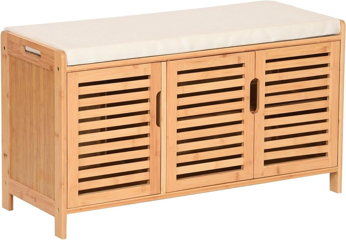 Beige schoenenkast met zitoppervlak en 3 geventileerde deuren, B/D/H: 90 x 50 x 35 cm