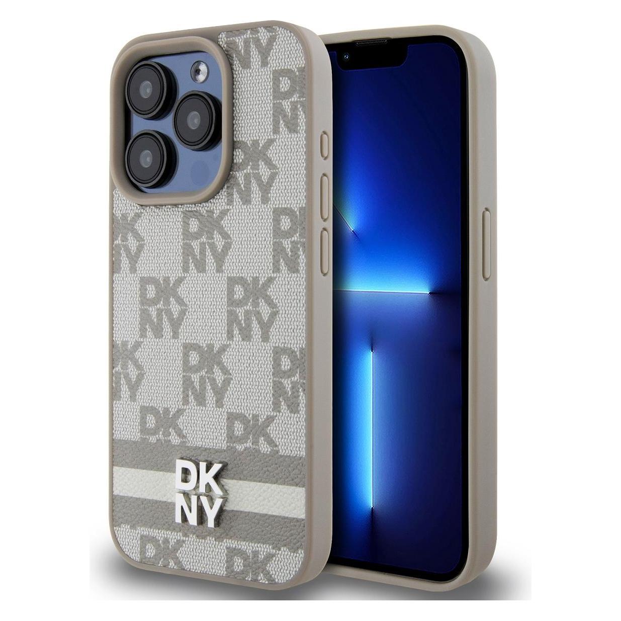 DKNY PU Leather Checkered Pattern and Stripe Case for iPhone 14 Pro Beige (Apple iPhone 14 Pro) (DKHCP14LPCPTSSE)