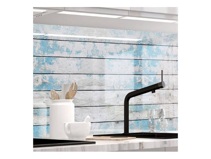 Stickerprofis Küchenrückwand BLAUES DESIGN HOLZ (Glasoptik), (Premium), 1,5mm, selbstklebend, hält auf besonders vielen Öberflächen