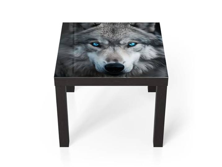 DEQORI Glastisch schwarz klein 55x55 cm Motiv Eiskalter Blick ausgefallener Beistelltisch aus Glas Hochglanz Couchtisch fürs Wohnzimmer moderner Couch Tisch mit Design