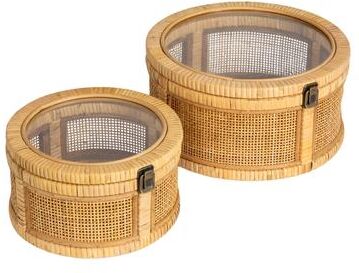 Storied Home Rattan and Bamboo Nestable Storage with Glass Lids, Set of 2