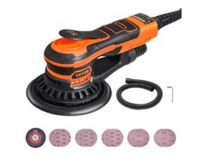VEVOR Exzenterschleifer, 152 mm bürstenloser elektrischer Exzenterschleifer, 350 W, 6 variable Geschwindigkeiten, mit 10 Schleifpapieren, staubdichtem Anschluss und Schlauch, zum Holzschleifen