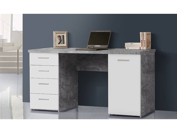 Bureau 1 porte et 4 tiroirs Abro 2 Béton/blanc Mat - Basika