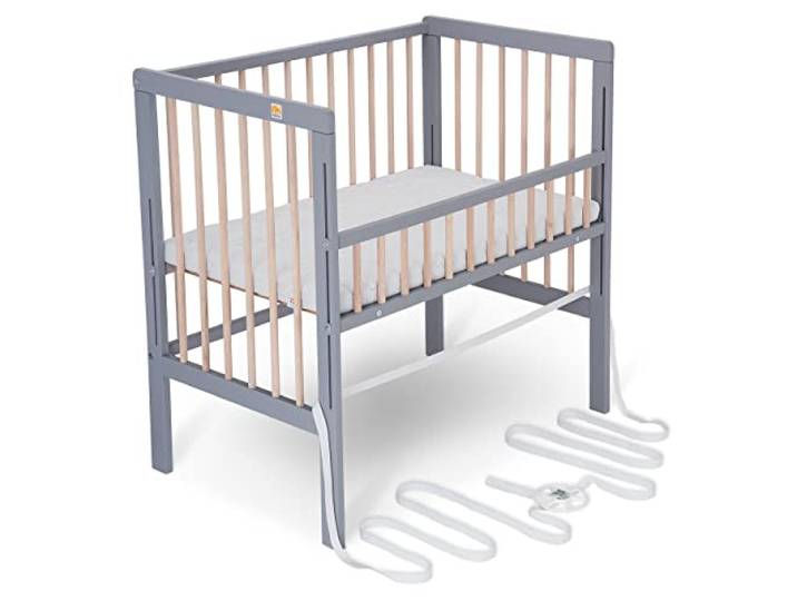 FabiMax Baby Beistellbett für Boxspringbett, TÜV geprüft 2022, Buche massiv grau/Natur, inkl. Matratze Comfort