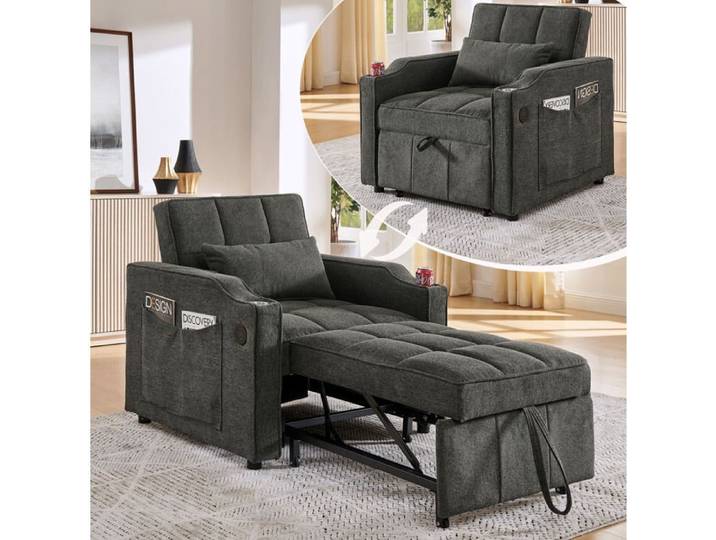 ROVRYN Fauteuil convertible 3 en 1 1 place 190 cm dossier 3 positions USB USB-C gris foncé
