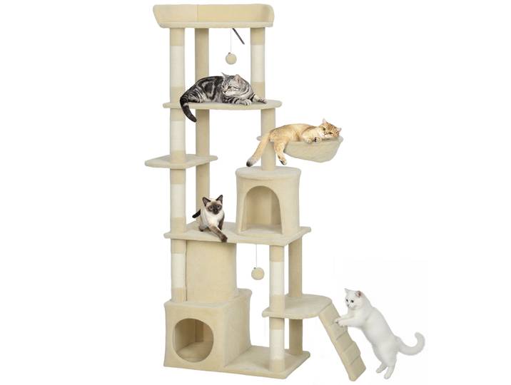 Arbre à gratter pour chat Pawhut de grande taille, hauteur 170 cm, avec 7 poteaux, 1 tunnel, 3 plateformes, 2 grottes, 1 hamac