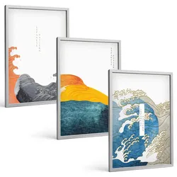 BILDER SET 3er Set - 40x60 cm Silberner Rahmen - Wellen des japanischen Grafikstils