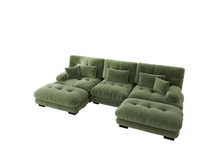 Canapé angle U chenille vert modulaire luxueux géant convertible avec assise profonde et méridienne