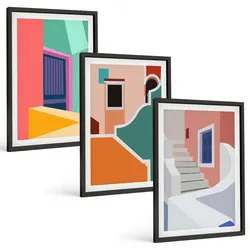 BILDER SET 3er Set - 40x60 cm Schwarzer Rahmen - Farbenfrohe Illustrationen von Gebäuden