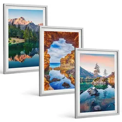 BILDER SET 3er Set - 40x60 cm Silberner Rahmen - Spiegelungen der Felsen in Bergseen