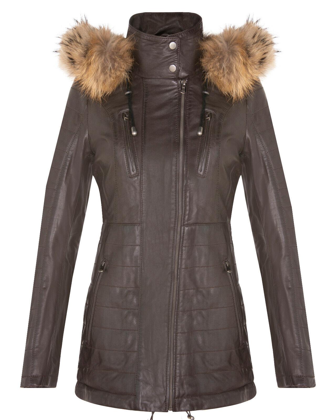 Damen-Parkajacke aus Leder in schmaler Passform mit Kapuze – Northam